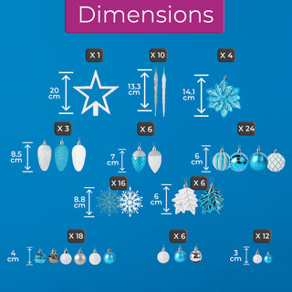 Neo Blue and White 110PCS Christmas Tree Ornaments Set Shatterproof Baubles Decorations Tree Topper Star Luxury Ornament Kit Christmas Easy to Hang Home Party Décor Star Topper, Balls, Snowflakes & Icicles