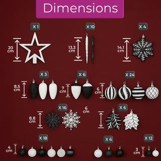 Neo Black and White 110PCS Christmas Tree Ornaments Set Shatterproof Baubles Decorations Tree Topper Star Luxury Ornament Kit Christmas Easy to Hang Home Party Décor Star Topper, Balls, Snowflakes & Icicles