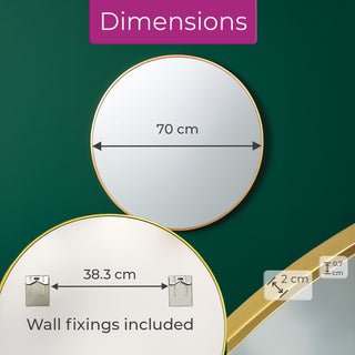Neo 70cm Gold Round Metal Frame Wall Mirror Float Glass   HD Reflection Anti-Rust Moisture-Proof Wall Mounted Bathroom Bedroom Hallway Living Room Vanity
