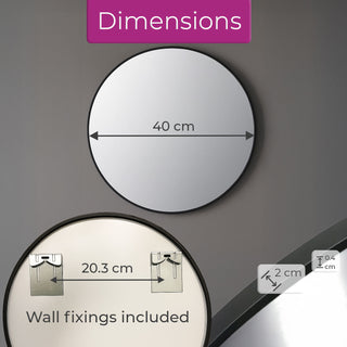 Neo 40cm Black Round Metal Frame Wall Mirror Float Glass HD Reflection Anti-Rust Moisture-Proof Wall Mounted Bathroom Bedroom Hallway Living Room Vanity