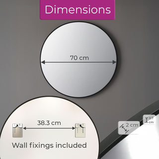 Neo 70cm Black Round Metal Frame Wall Mirror Float Glass HD Reflection Anti-Rust Moisture-Proof Wall Mounted Bathroom Bedroom Hallway Living Room Vanity
