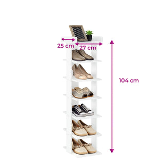 Neo White 7 Tier Wooden Shoe Rack Slim Narrow Storage Cabinet Space-Saving Entryway Bedroom Wardrobe