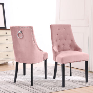 Set of Two Neo Pink Studded Velvet Dining Chair with Ring Knocker Detail
