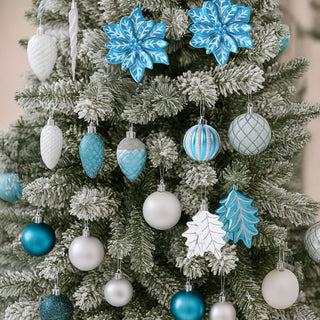 Neo Blue and White 110PCS Christmas Tree Ornaments Set Shatterproof Baubles Decorations Tree Topper Star Luxury Ornament Kit Christmas Easy to Hang Home Party Décor Star Topper, Balls, Snowflakes & Icicles