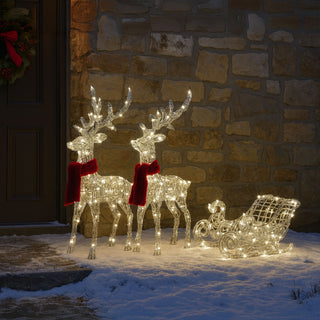 Neo 120 Indoor Outdoor LED Light Up Reindeer and Sleigh Christmas Decoration Festive Display with Dual Light Effects Timer Red Scarves Weatherproof Frame 5m Lead Wire