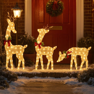 Neo Set of 3 LED Lighted Reindeer Christmas Decorations Indoor Outdoor Holiday Yard Décor 210 Dual LED Lights Timer Weather Resistant Frame Festive Red Bows & Greenery