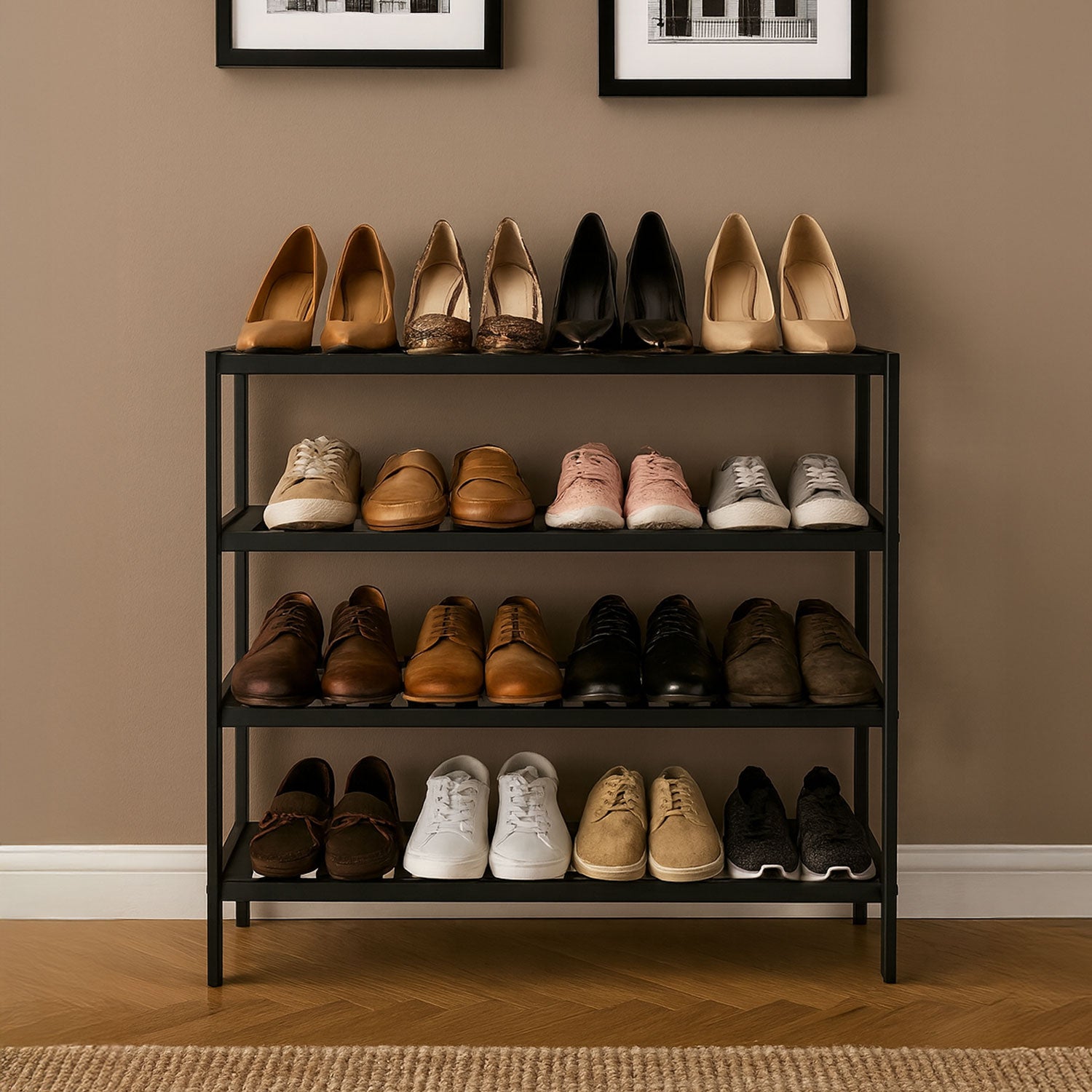 Prima 4 Tier Shoe Rack Stand - Lightweight, Space Saving, Compact Organizer - Black, UK Made
