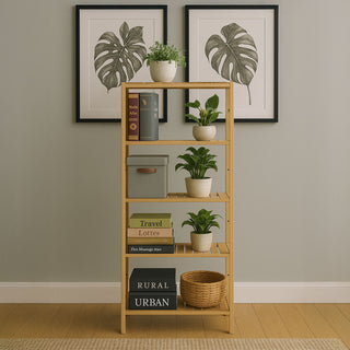 Neo Natural 5 Tier Bamboo Storage Shelf Shelves Rack Adjustable Multi-Purpose Rack Shoes Plants Bathroom Kitchen Hallway Room Organiser Unit