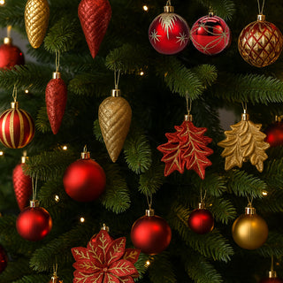 Neo Red and Gold 110PCS Christmas Tree Ornaments Set Shatterproof Baubles Decorations Tree Topper Star Luxury Ornament Kit Christmas Easy to Hang Home Party Décor Star Topper, Balls, Snowflakes & Icicles