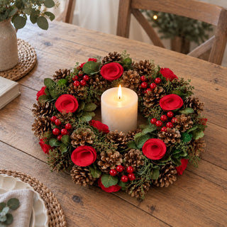 Neo 50cm Christmas Red Berries Roses Festive Door Wreath