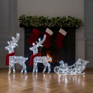 Neo 120 Indoor Outdoor LED Light Up Reindeer and Sleigh Christmas Decoration Festive Display with Dual Light Effects Timer Red Scarves Weatherproof Frame 5m Lead Wire