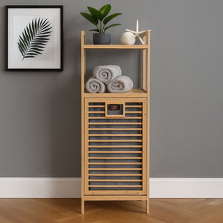 Neo Bamboo Laundry Bin Hamper Basket Tilt Pull Out Basket Storage 2 Tier Shelves Natural Space Saving Organiser Foldable Liner Ventilated Slatted Design Elevated Legs