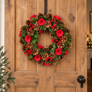 Neo 50cm Christmas Red Berries Roses Festive Door Wreath