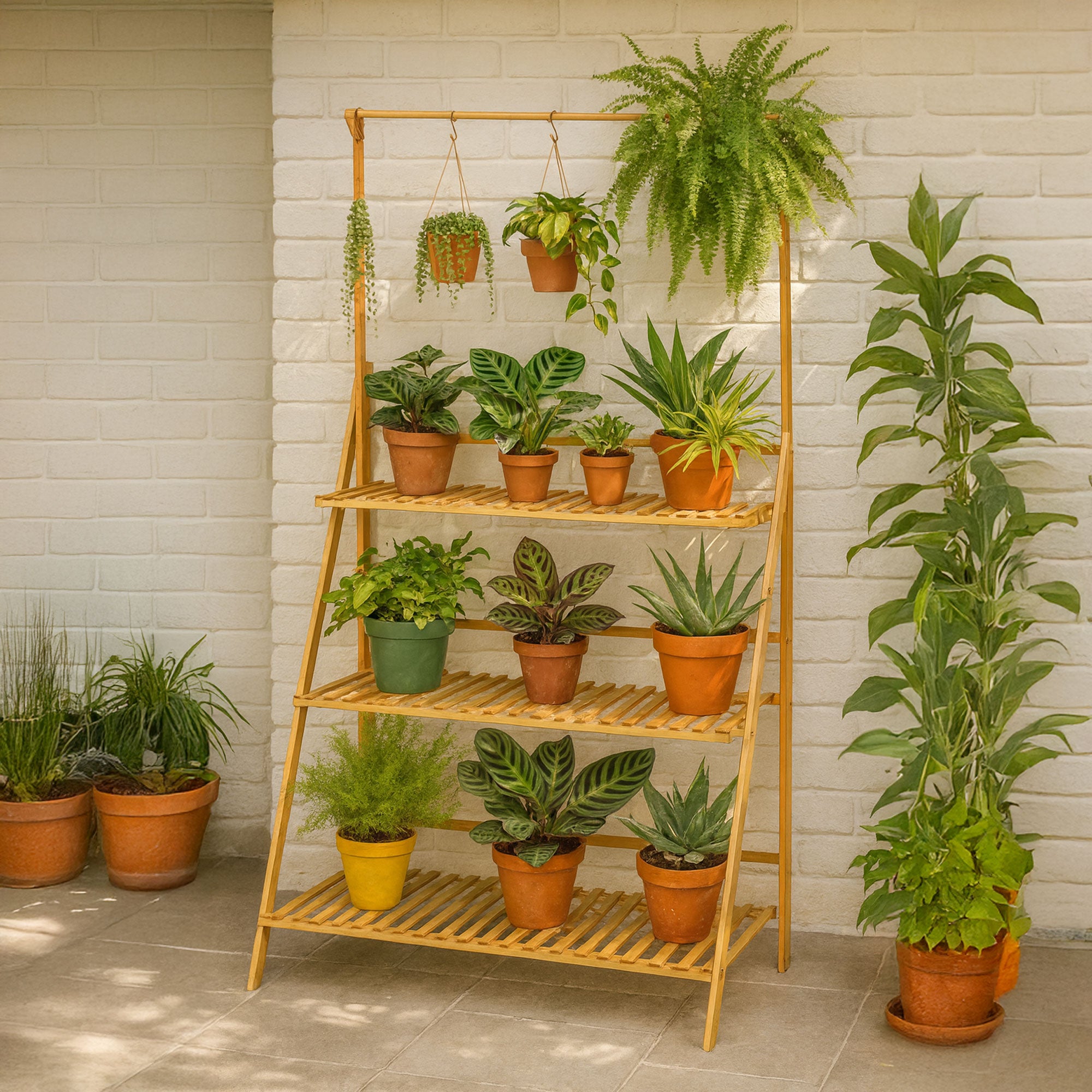 3 arm hanging plant stand Neo 3‑Tier Foldable Bamboo Plant Stand with Hanging Hook – Neo Direct