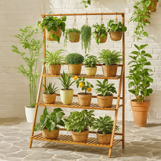 Neo 3‑Tier Foldable Bamboo Plant Stand with Hanging Hook
