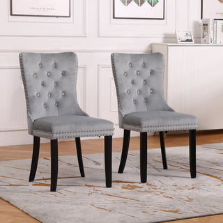 Neo Grey Studded Velvet Dining Table Chairs with Ring Knocker x2