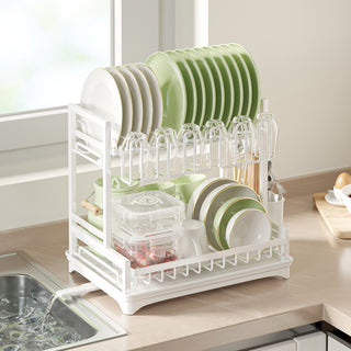 Neo White 2 Tier Dish Drying Rack with Drip Tray and Drainage Spout