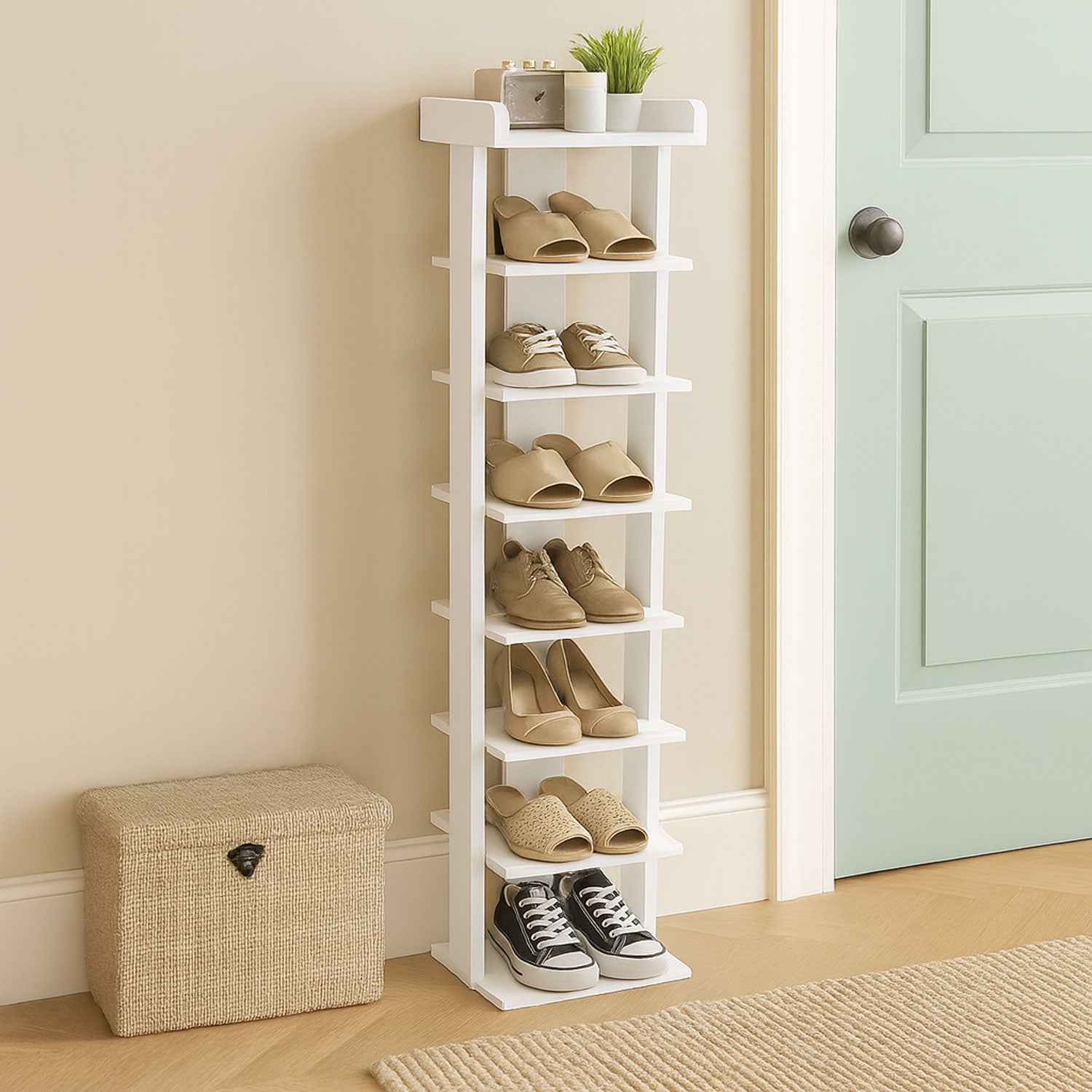 Neo White Tier Wooden Shoe Rack Slim Narrow Storage Cabinet