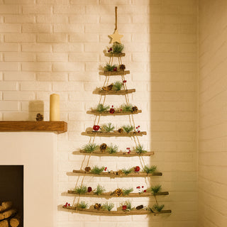 Neo Wooden Hanging Wall Xmas Christmas Tree Ladder Decoration Rustic Nordic Hygge Style with Pine Cones Red Berries Jute Rope Wall Mounted Décor