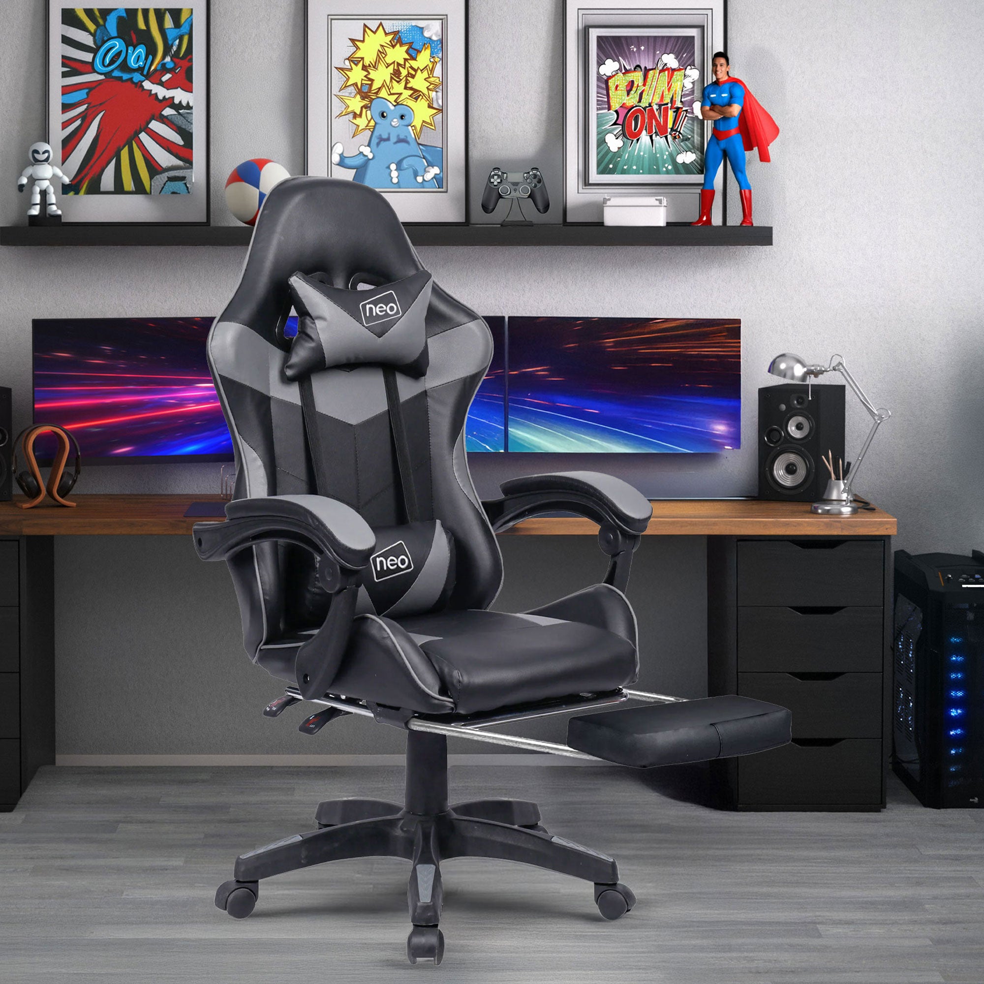 Neo Gaming Chair Grey Black PU Leather with Footrest – Neo Direct