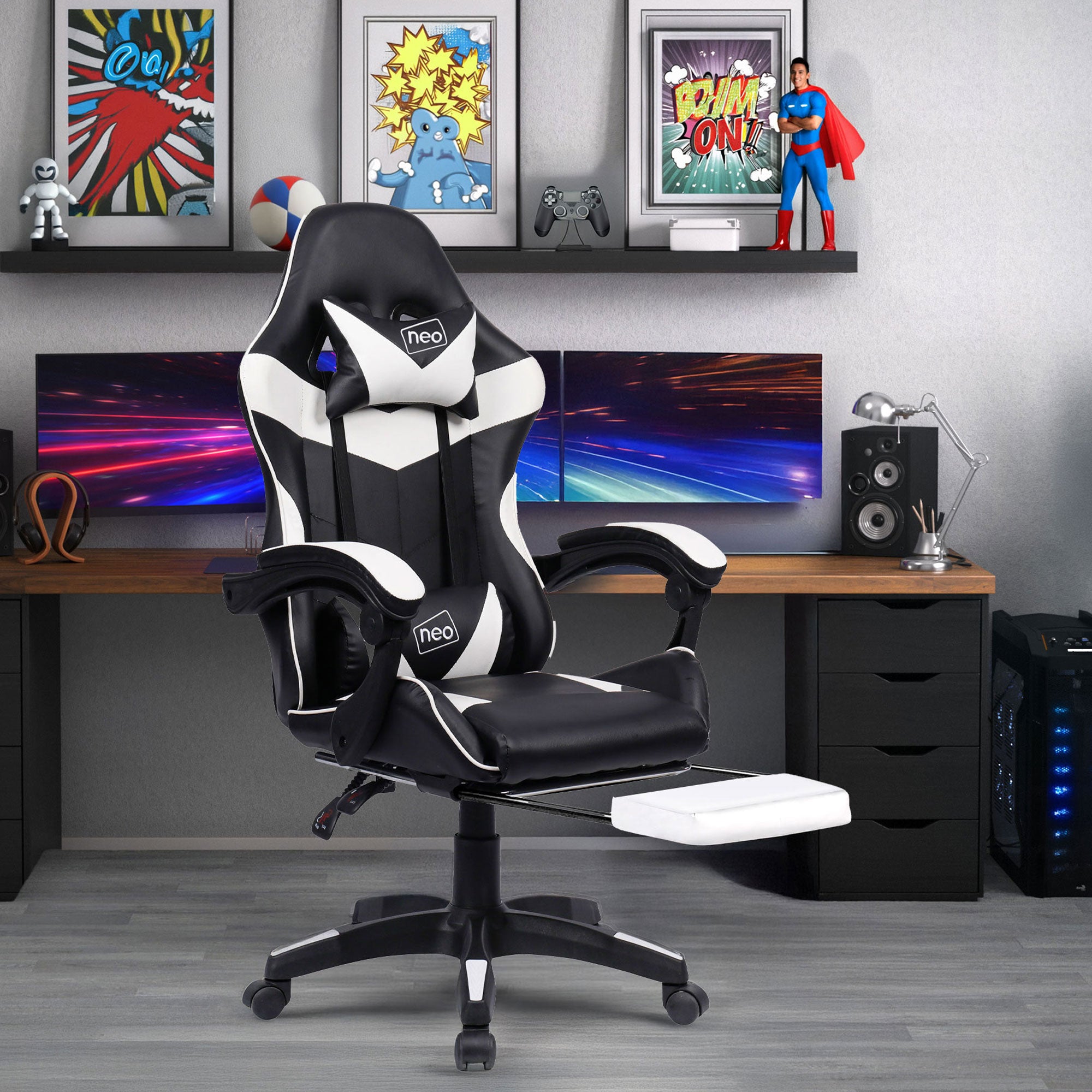 Neo Gaming Chair White Black PU Leather with Footrest – Neo Direct