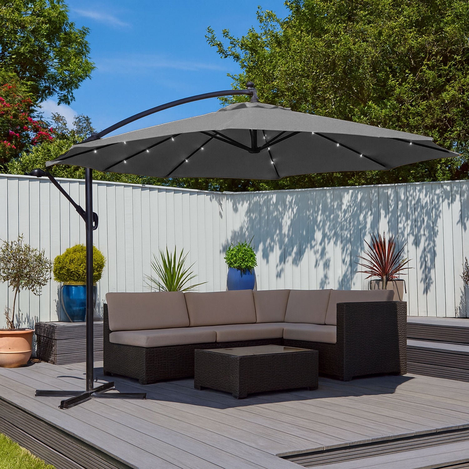 Neo 3M Grey Outdoor Freestanding Parasol with Led Lights – Neo Direct