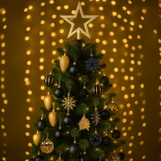 Neo Black and Gold 110PCS Christmas Tree Ornaments Set Shatterproof Baubles Decorations Tree Topper Star Luxury Ornament Kit Christmas Easy to Hang Home Party Décor Star Topper, Balls, Snowflakes & Icicles