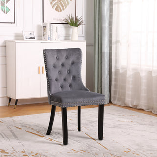 Neo Dark Grey Studded Velvet Dining Table Chair with Ring Knocker Detail x2