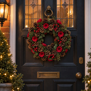 Neo 50cm Christmas Red Berries Roses Festive Door Wreath