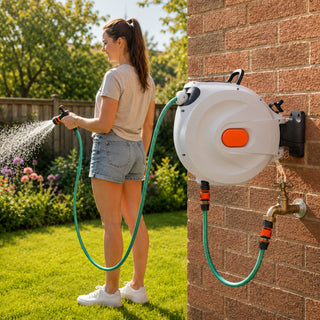 30m Retractable Garden Hose Reel Wall Mounted 180° Swivel Bracket 8 Spray