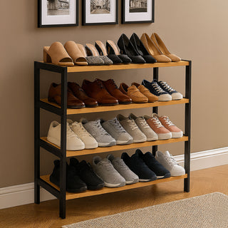 Neo Black Wood 4-Tier Bamboo Shoe Rack Wooden Shoe Storage Organiser Shelf for Hallway, Entrance Living Room