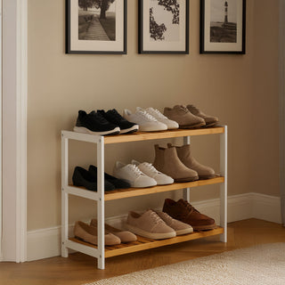 Neo White Natural 3-Tier Bamboo Shoe Rack Stand Natural Wooden Shoe Storage Shelf for Hallway Bedroom Bathroom