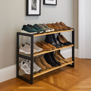 Neo Black Natural 3-Tier Bamboo Shoe Rack Stand Natural Wooden Shoe Storage Shelf for Hallway Bedroom Bathroom