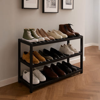 Neo Black 3-Tier Bamboo Shoe Rack Stand Natural Wooden Shoe Storage Shelf for Hallway Bedroom Bathroom