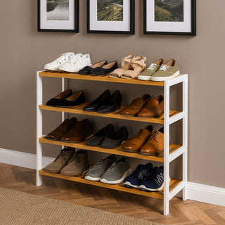 Neo White/Wood 4-Tier Bamboo Shoe Rack Wooden Shoe Storage Organiser Shelf for Hallway, Entrance Living Room