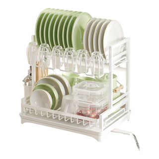 Neo White 2 Tier Dish Drying Rack with Drip Tray and Drainage Spout
