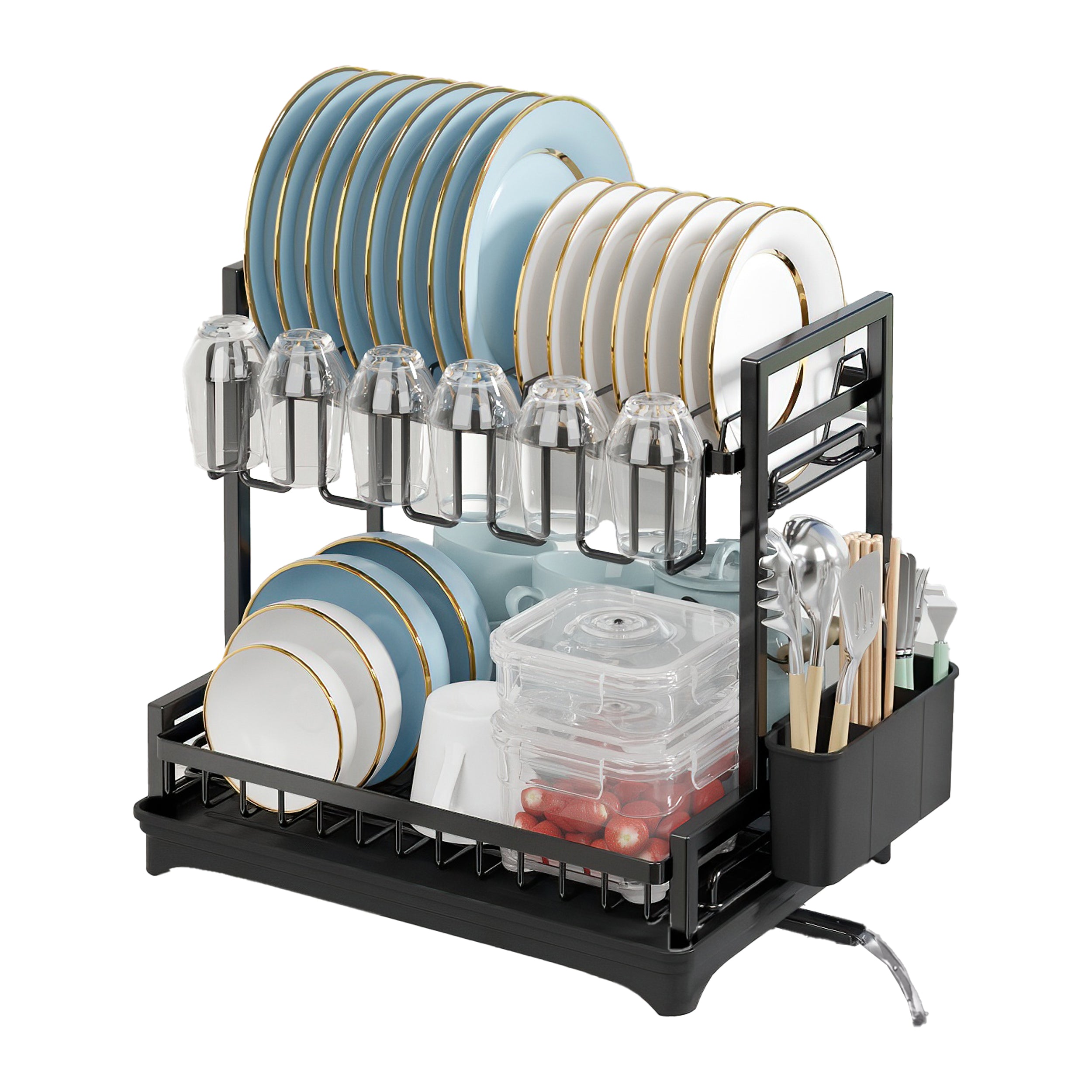 Neo Black Tier Dish Drying Rack with Drip Tray and Drainage