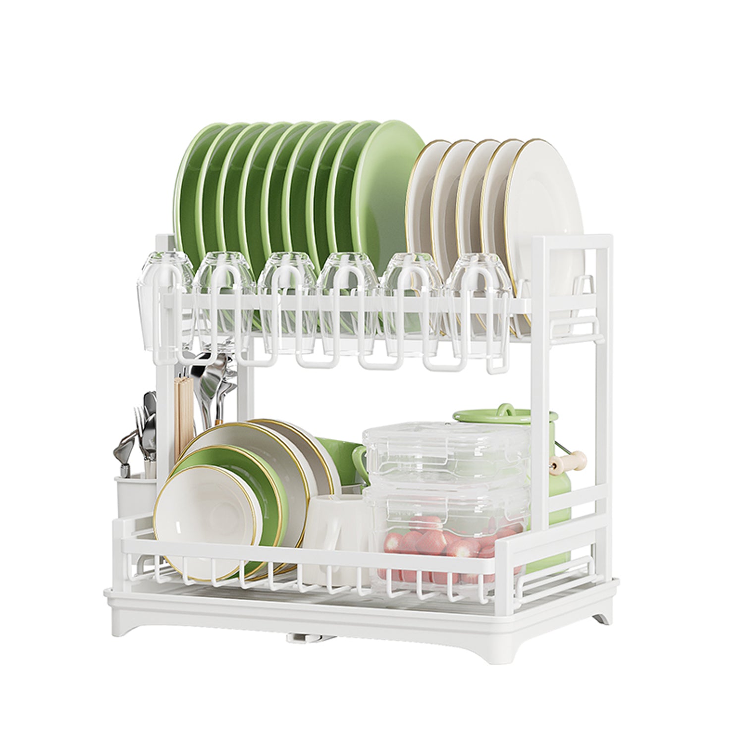 Neo White Tier Dish Drying Rack with Drip Tray and Drainage
