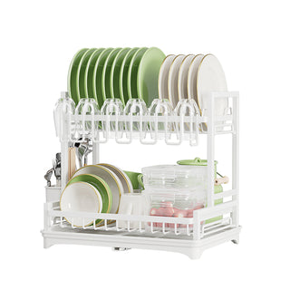 Neo White 2 Tier Dish Drying Rack with Drip Tray and Drainage Spout