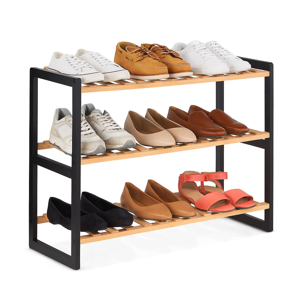 Neo Black Natural 3-Tier Bamboo Shoe Rack Stand Natural Wooden Shoe St ...