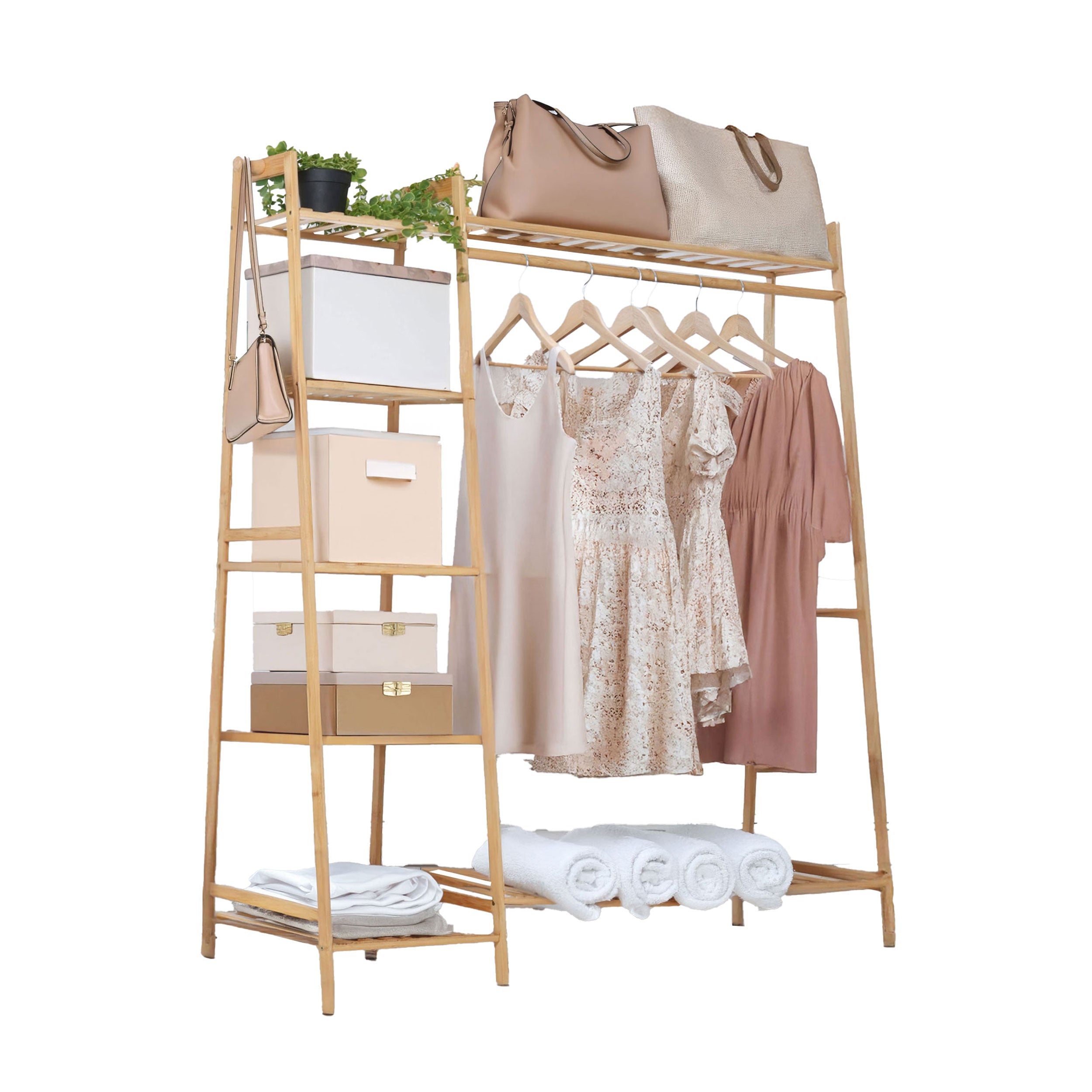 Neo Bamboo Rack Clothes with Storage Shelf Hanging Rail and Side