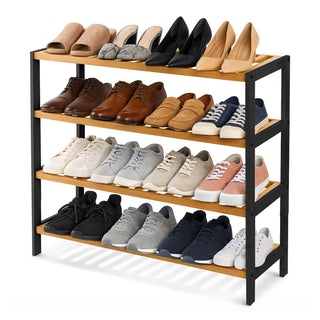 Neo Black Wood 4-Tier Bamboo Shoe Rack Wooden Shoe Storage Organiser Shelf for Hallway, Entrance Living Room