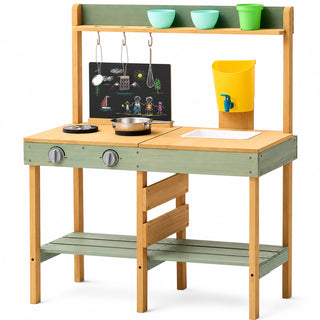 Neo Kids Wooden Outdoor Mud Kitchen Water Tap Sink Chalkboard