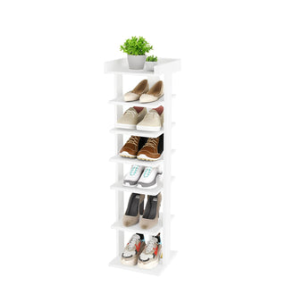 Neo White 7 Tier Wooden Shoe Rack Slim Narrow Storage Cabinet Space-Saving Entryway Bedroom Wardrobe