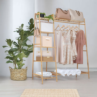 Neo Bamboo Rack Clothes with Storage Shelf Hanging Rail and Side Hooks