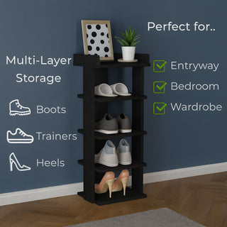 Neo Black Multi-Layer Wooden Shoe Rack Durable Storage Organiser Boots Sneakers Heels Space Saving Entryway Shelf