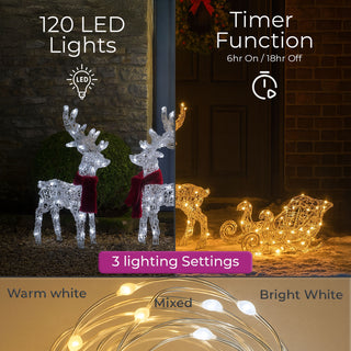 Neo 120 Indoor Outdoor LED Light Up Reindeer and Sleigh Christmas Decoration Festive Display with Dual Light Effects Timer Red Scarves Weatherproof Frame 5m Lead Wire