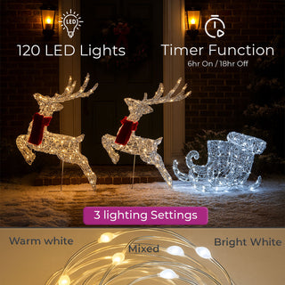 Neo 240 LED Christmas Sleigh Reindeer Outdoor Decoration Warm Bright White Mixed Light Effects Timer 65cm Reindeers Weatherproof Frame 6 Ground Hooks Included