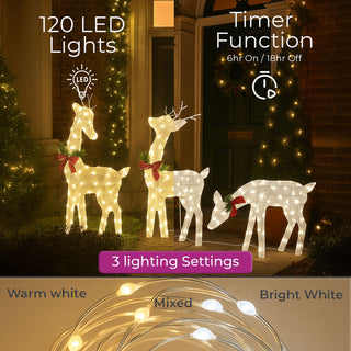 Neo Set of 3 LED Lighted Reindeer Christmas Decorations Indoor Outdoor Holiday Yard Décor 210 Dual LED Lights Timer Weather Resistant Frame Festive Red Bows & Greenery