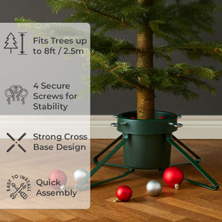 Neo Green and Red Christmas Tree Stand for Real Trees up to 8ft Extra Large Heavy Duty Metal Base with 4 Screws 3.3L Water Reservoir Tank Secure Stylish Festive Stable Design